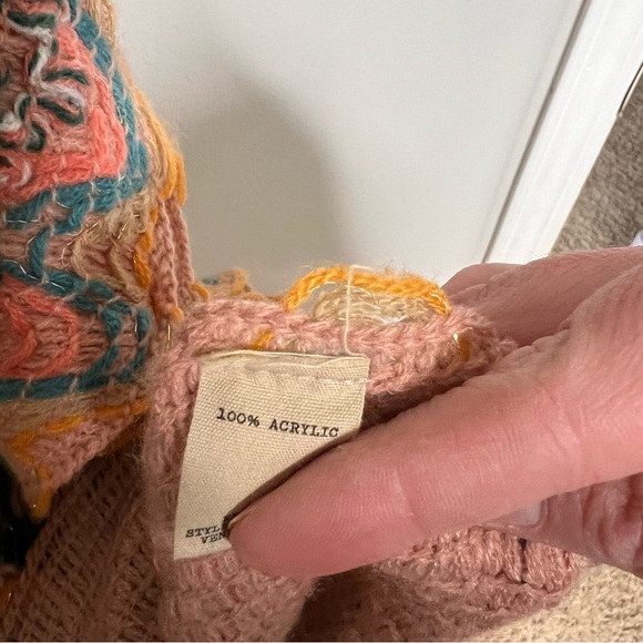 Boho Pink Orange Knit Kimono Wrap Shawl Cape Poncho Pockets One Size Bohemian - Picture 6 of 10